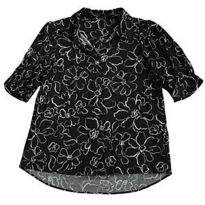 Elie Tahari Puff Sleeve Floral Blouse Navy White Size L